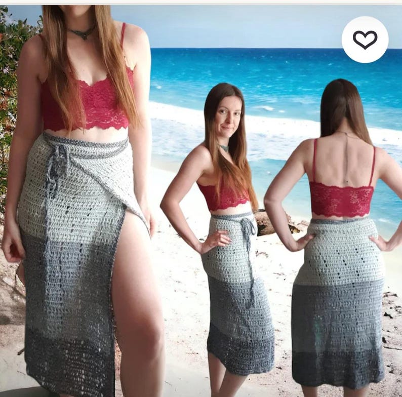 Puede incluir: Falda de ganchillo hecha a mano en tonos grises, con dise&ntilde;o envolvente y abertura alta. La falda presenta una cintura con cord&oacute;n y un efecto de color degradado, que va del gris claro al gris oscuro. La falda se combina con un top de encaje rojo.