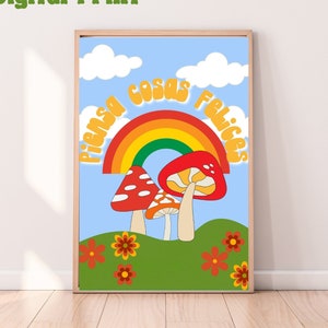 Piensa Cosas Felices, Latina Art, Retro Wall Art, Retro Mushroom Art, Latinx Wall Art, Latina Wall Art, Instant Download,