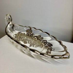 Heisey Silver Flowers Overlay and Scalloped Edge with silver trim Pickle Dish