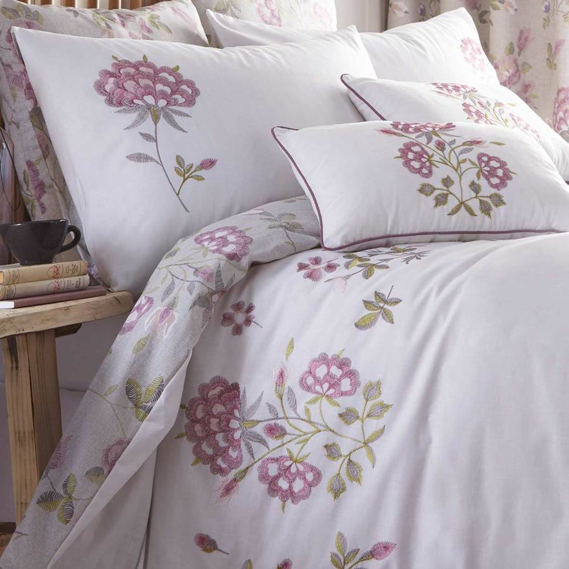 Embroidered Floral Lavender Duvet Cover Set With Matching Etsy UK