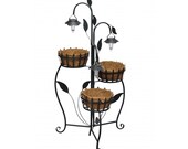Vintage Cast Iron Plant Rack Stand with Coconut Fibre Basket Pots and Solar LED Light