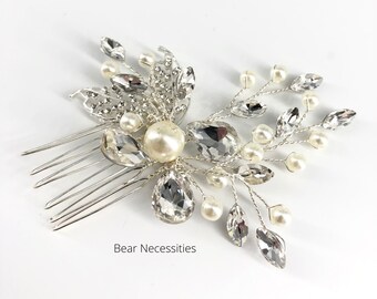 Small Floral Bridal Wedding Comb Hairpiece with Pearls and Diamantés