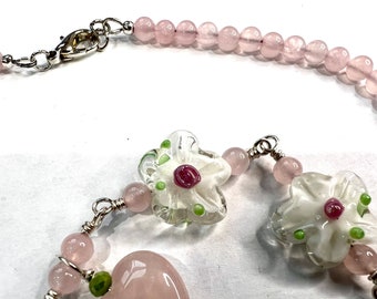 Pink Rose Quartz Gemstone Necklace for Women with Lampwork Glass Beads\Heart Pendant\Choker