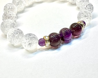 Ladies Clear Quartz Energy Bracelet | Elastic Bracelet | Purple Amethyst Stretch | Gemstone Jewelry | Birthstone Bracelet