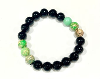 Men’s Gemstone Stretch Bracelet | Black Onyx and Aqua Green Jasper Gemstone Bracelet. | Jewelry for Men | Size 7 Elastic