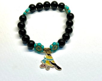 Ladies Bird Charm Bracelet | 7 inch Stretch Gemstone Bracelet | Black Onyx Gemstone Bracelet