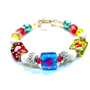 Lampwork Glass Fancy Ladies Bracelet | Size 7 Handmade Crystal and Glass Hearts Bracelet |Valentines Day Gift