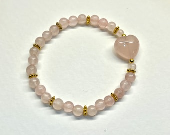 Ladies Pink Heart Gemstone Bracelet | Rose Quartz Heart Bracelet | Dainty Feminine Jewelry | Energy Bracelet