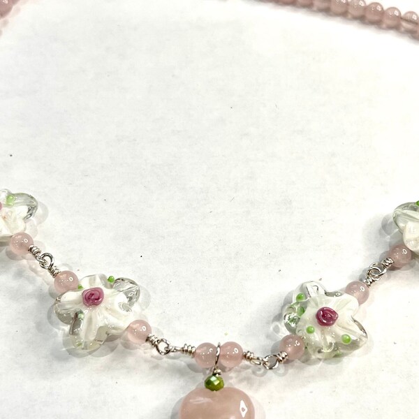 Pink Rose Quartz Gemstone Necklace for Women with Lampwork Glass Beads\Heart Pendant\Choker