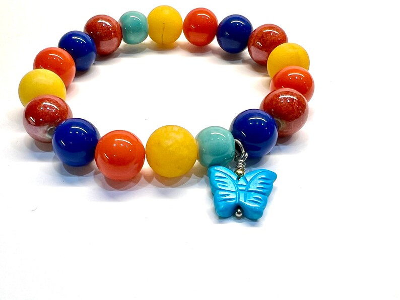 Crayonbox Colored Gemstone Stretch Bracelet Ladies Elastic Bracelet With Lapis Lazuli and Lemon Jade Butterfly Charm image 3