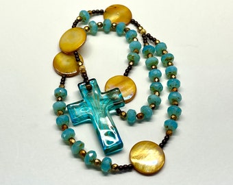 Gold and Aqua Crystal Rosary | Anglican Rosary with Lampwork Glass Cross | Prayer Beads | Advent Rosary | Crystal Rosary