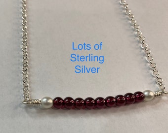 Red Garnet and Pearl Bar Necklace for Women