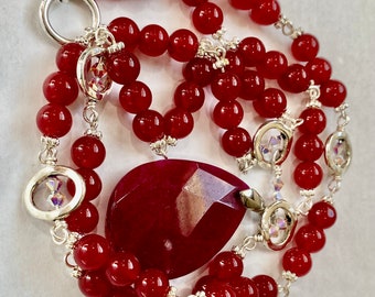 Red Jade Gemstone Necklace | Handmade Jewelry for Women |Jade Teardrop Pendant