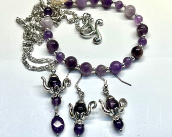 Purple Amethyst Teapot Jewelry Set | Matching Set of Amethyst Jewelry | Matching Crystal Bracelet, Necklace, Earrings