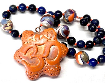 Sacred Prayer Beads | Lapis Lazuli Gemstone  Prayer Set | Handmade Polymer Clay Beads | Sacred Om Symbol