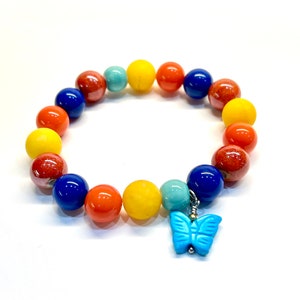 Crayonbox Colored Gemstone Stretch Bracelet Ladies Elastic Bracelet With Lapis Lazuli and Lemon Jade Butterfly Charm image 1