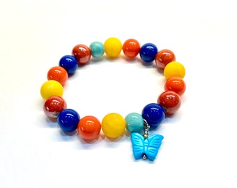 Crayonbox Colored Gemstone Stretch Bracelet | Ladies Elastic Bracelet With Lapis Lazuli and Lemon Jade | Butterfly Charm