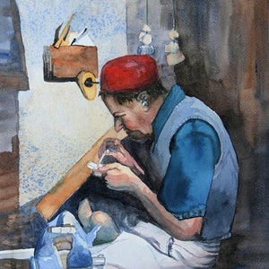 Original Watercolor Painting: Moroccan Tinker Portrait, 12x16 Art