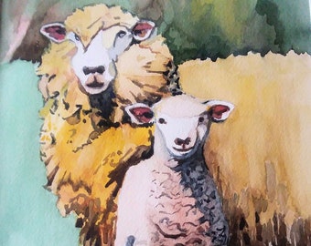 Sheep, Lamb, Ewe, 8x10, Original Art, Watercolor, Original, Painting, Nursery Decor, Nursery, Animal, Painting, Landscape, Child, Kid, Room