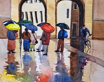 Shimmering Rain, 12x16, Original Art, Watercolor, Painting, Rain, City, Street, Architecture, European, Village, Umbrella, Courtyard, People