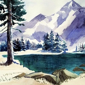 Jackson Hole Wyoming Watercolor Painting: Winter Mountain Landscape Art (11x15)