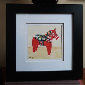 Red Dala Horse Watercolor Painting: Swedish Christmas Art (5x5 Unframed)