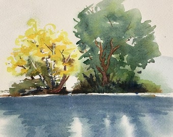 Birch Lake Study, 8x10, Original Art, Experimental Watercolor, Small, Trees, Lake, Landscape, Wilderness, Boundary Waters, Birch, River