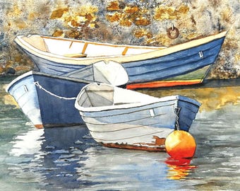 May include: A watercolor painting depicting three small rowboats floating on water. The largest boat is blue with a white interior, while the two smaller boats in the foreground are light blue and white, accompanied by a bright orange buoy.