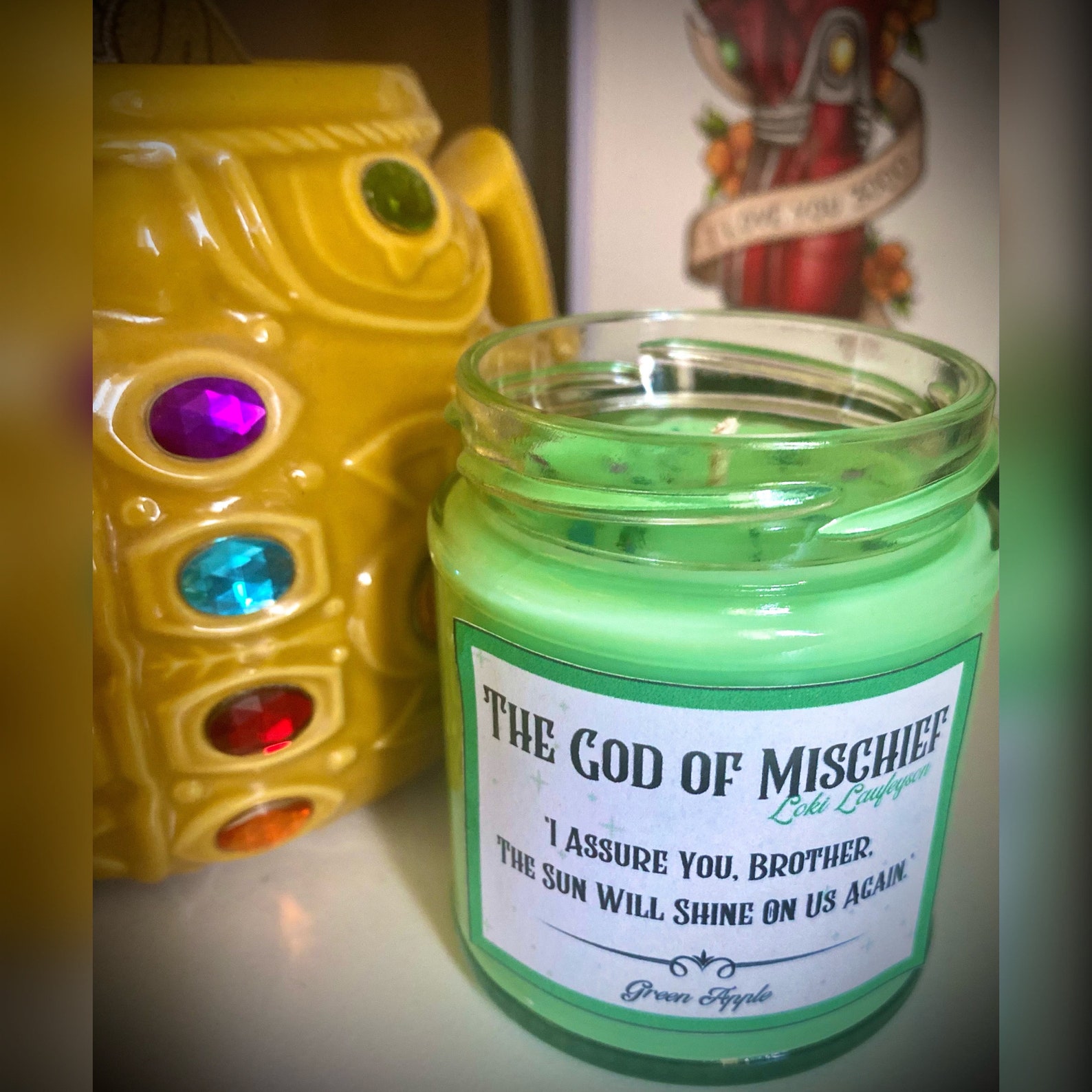 Loki inspired candle. Gifts for her or him. Marvel inspired Etsy