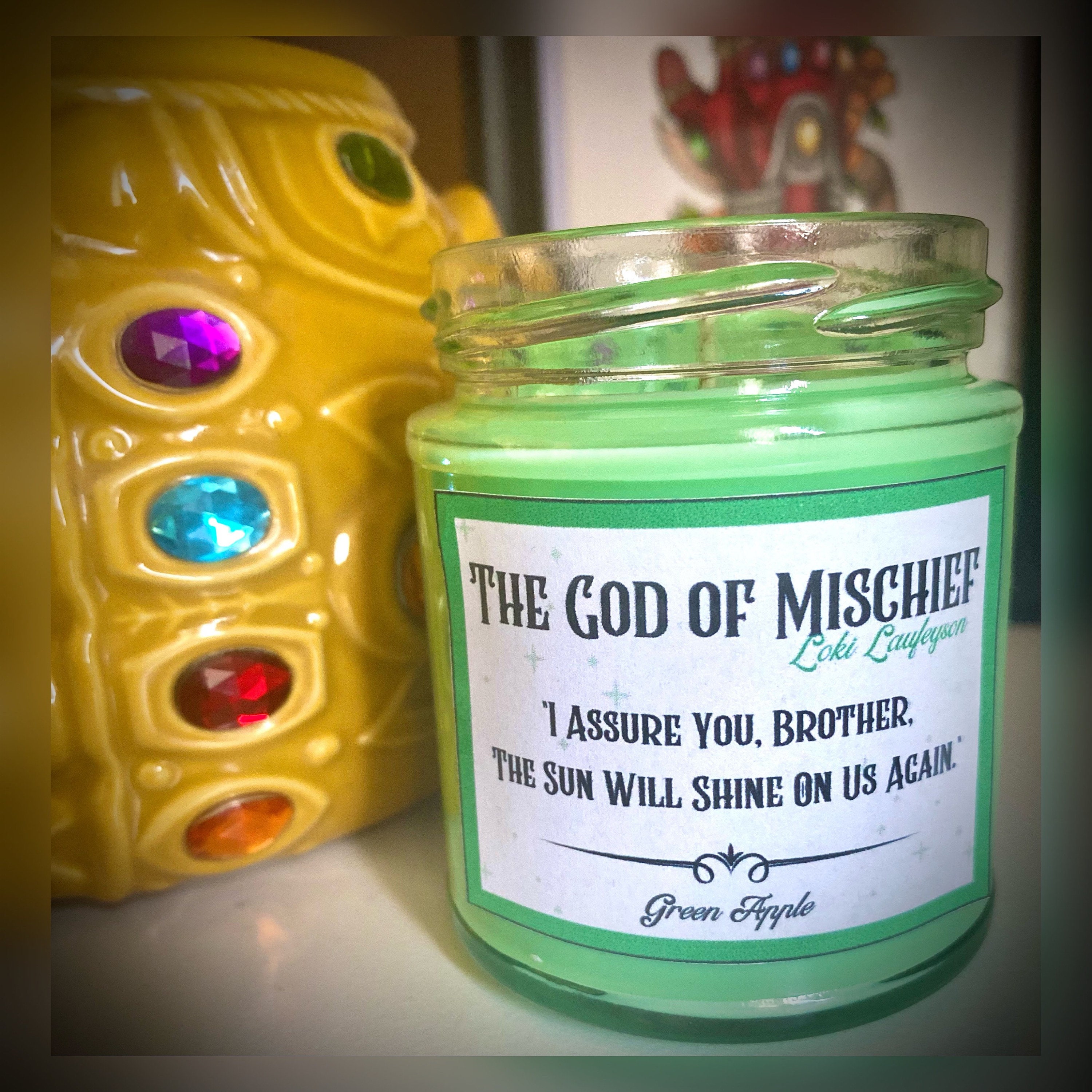 Loki inspired candle. Gifts for her or him. Marvel inspired Etsy