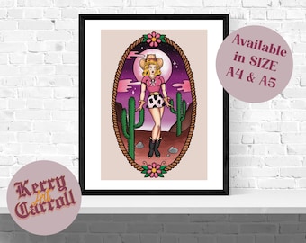 May include: A digital illustration of a cowgirl wearing a pink shirt, a white and black skirt, and a cowboy hat. She is standing in a desert landscape with cacti and a full moon in the background. The illustration is framed in a black frame.