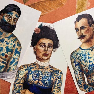 A6 3 Postcards - set or individual - Historical Tattooed Victorian Figures Captain George Costentenus Martin Hindlebrandt Maud Wagner Tattoo