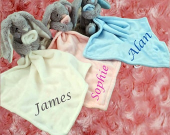 Personalised Bunny Comforter with long ears - Baby Gift, blue bunny hug comfort, pink baby comfort toy, name on blanket, coral fleece blanky