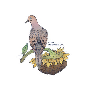 May include: A watercolour illustration of a dove perched on a sunflower stem. The dove is brown and grey with a light pink breast. The sunflower is yellow and brown with a green stem. The text "ELLIE MCGINNIS CO." is written in black below the dove.