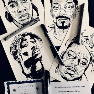 Handgezeichnete Kunst. Rap und Hip Hopper der Superstars. Geschenkset mit 4 Tuschezeichnungen von Dr. Dre Snoop Dogg Tupac und The Notorious BIG Biggie Smalls.