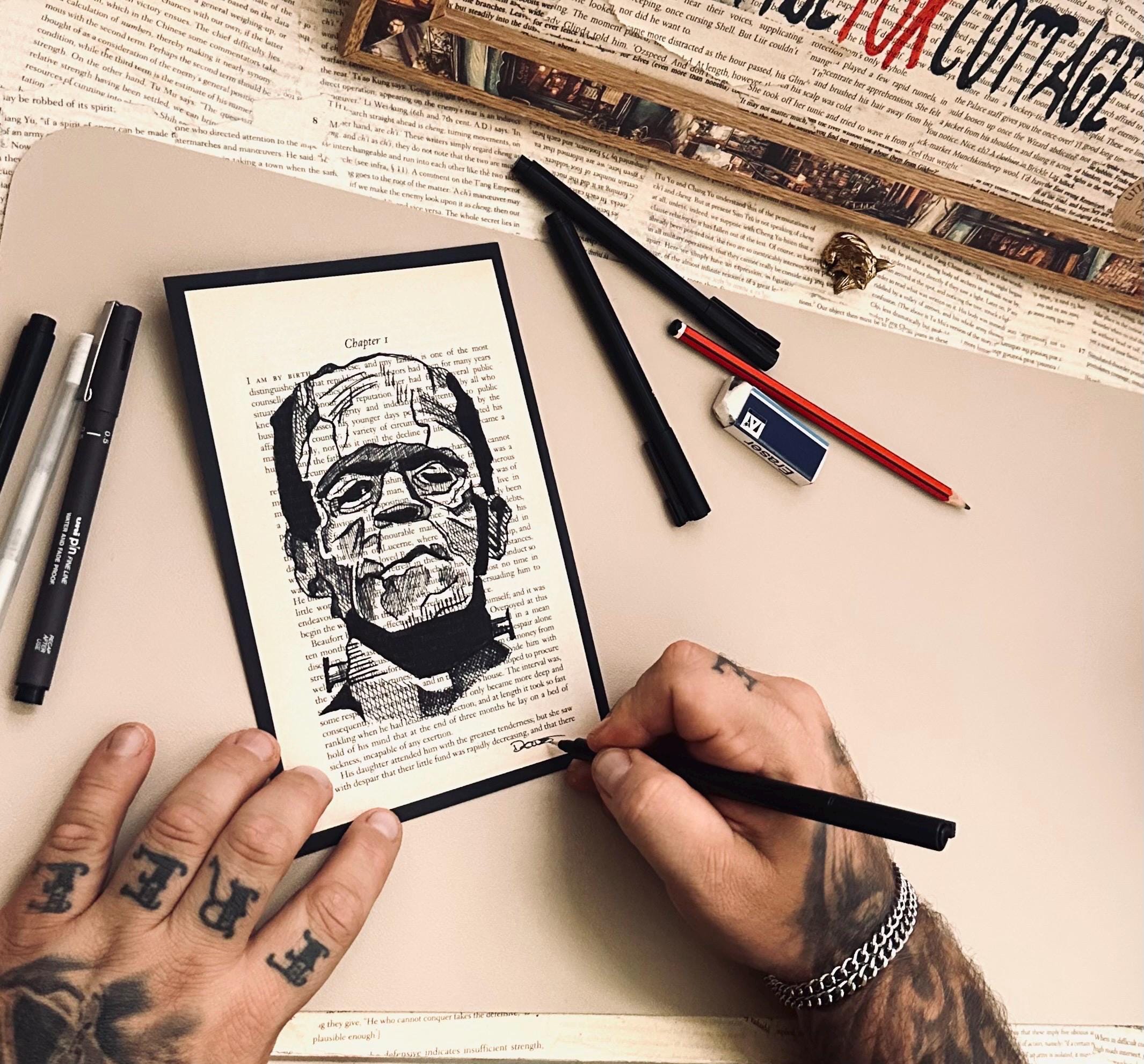 Monster Ink Drawind Frankenstein's Monster Ink Drawing: Gothic Horror Art on Vintage Book ...