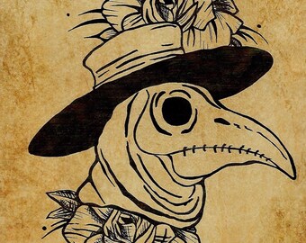 Plague Doctor with roses. tattoo flash style print.