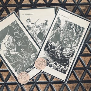 Upcycled Artwork. Jungle Book illustrations from a damaged vintage Rudyard Kipling book. Set of 3 book lovers gifts. Book nook decor.