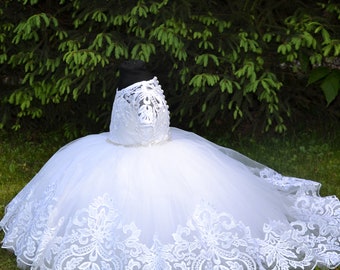 Сhristening dress for toddler, baptism dress for baby girl, white christening dress with a train, 2t baptism dress