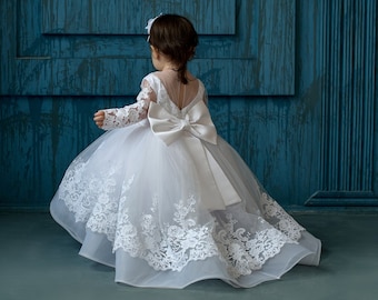 Robe de baptême blanche pour tout-petits avec train, robe de baptême pour bébé fille, robe de bénédiction pour bébé, robe de baptême 2t, robe de baptême blanche