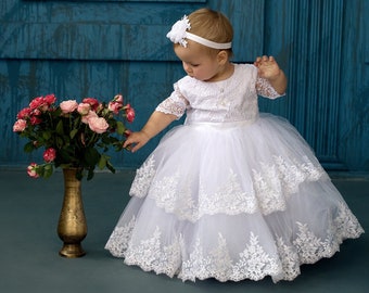 White Toddler baptism dress with train, baby blessing dress, christening gown girl with train, baptism dress for baby girl