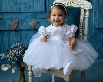 White baptism dress with pearls, baby blessing dress, baby girl christening dress, baby baptismal dress, 2t baptism dress, 3t dress