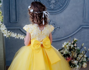 Yellow Flower Girl Dress,Short Sleeve Dress, Gown for Baby Birthday Party,Wedding Party Dress for Girl