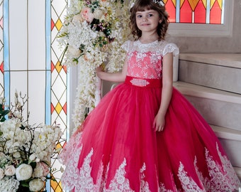 Pink flower girl gown, Princess Dress, red tulle maxi dress for girl, flower girl dress, birthday girl dress