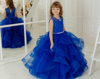 Royal Blue Flower girl Dress, Long Flower Tulle Gown for Toddler, Floor-Length, junior bridesmaid dress,birthday dress