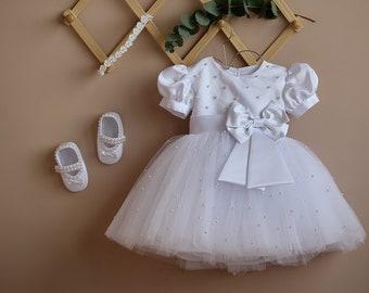Baby girl baptism dress  with pearls, blessing dress, baptism gown for toddler girl, white dress with puffy sleeves, girl christening gown