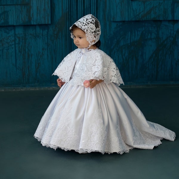 Baby girl baptism satin dress with train, white lace baptism dress for baby girl, baby blessing dress, 2t baptism dress, christening dress