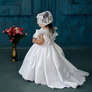 Toddler Baptism Satin Dress With Train White Lace Baptism Dress