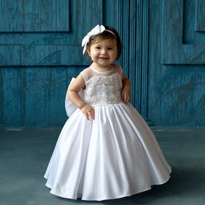 Satin christening dress, Toddler baptism dress with bow, godparent gift, 2t baptism dress for baby girl, custom dress image 1