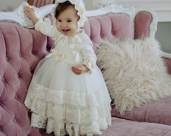 Ivory baptism dress for baby girl, baby blessing dress, lace christening gown